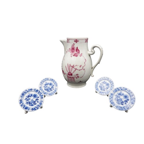 439 - A SET OF FOUR MEISSEN MENU HOLDERS AND A PINK FLORAL HOT WATER JUG, the menu holders in the form of ... 