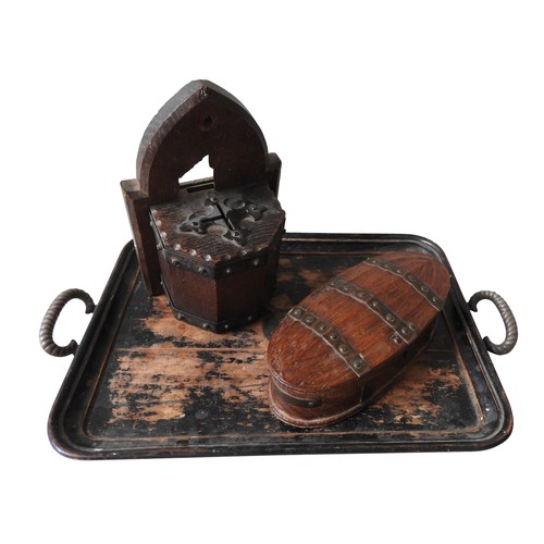 303 - A 19TH CENTURY OAK CHURCH COLLECTION BOX, OVAL COPPER BANDED BOX AND WOODEN TRAY, the collection box... 