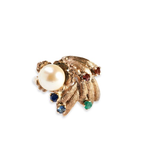 79 - A CULTURED PEARL, SAPPHIRE, EMERALD AND RUBY RING, CIRCA 1970 the cultured pearl high claw set above... 