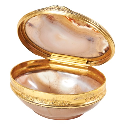 239 - FRENCH GILT-METAL MOUNTED AGATE SNUFF BOX, 19TH CENTURYof tapered ovoid form, the mounts with foliat... 