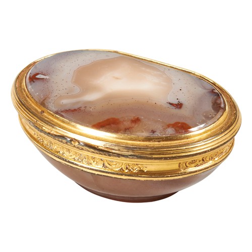 239 - FRENCH GILT-METAL MOUNTED AGATE SNUFF BOX, 19TH CENTURYof tapered ovoid form, the mounts with foliat... 