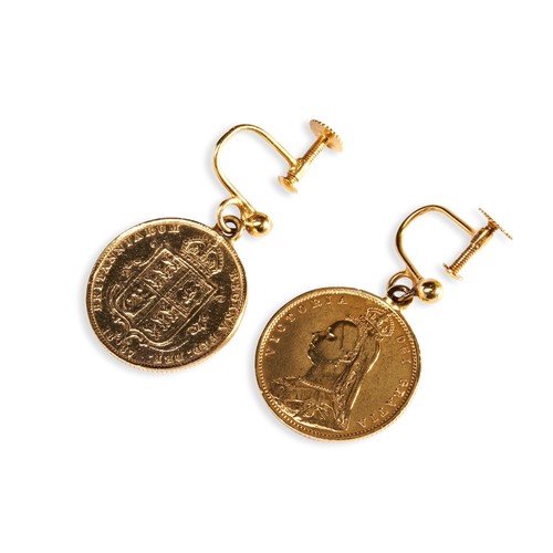 496 - A PAIR OF HALF SOVEREIGN EARRINGSIn yellow metal screw back fitting, stamped 9ct.One sovereign dated... 