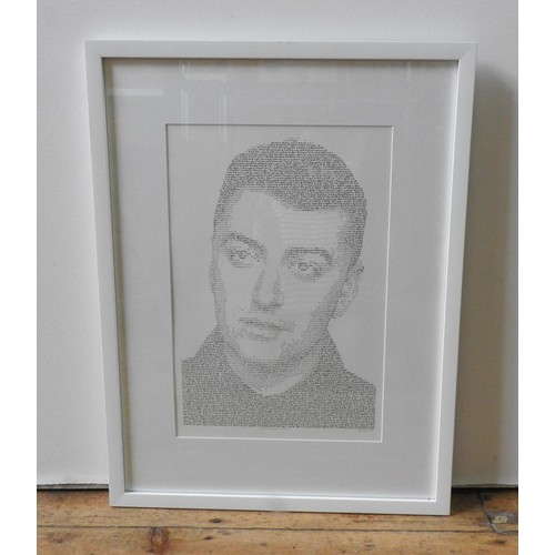 236 - ANNE MARIE SMITH (b.1979) PEN & INK PORTRAIT OF SAM SMITH USING HIS SONG LYRICS, 46 x 31 cm