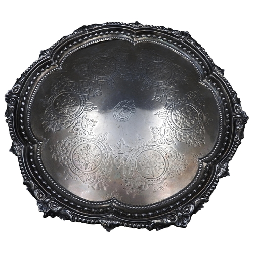 453 - A VICTORIAN SILVER SALVER, by Martin, Hall & Co. Sheffield, 1859, of hexafoil form with gadroone... 