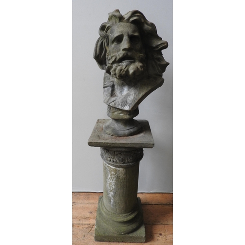 113 - A RECONSTITUTED STONE BUST OF ZEUS ON CORINTHIAN STYLE PILLAR, good weathered aappearance, the pilla... 