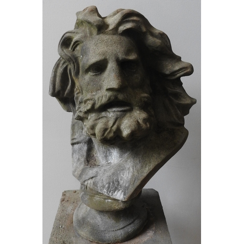 113 - A RECONSTITUTED STONE BUST OF ZEUS ON CORINTHIAN STYLE PILLAR, good weathered aappearance, the pilla... 