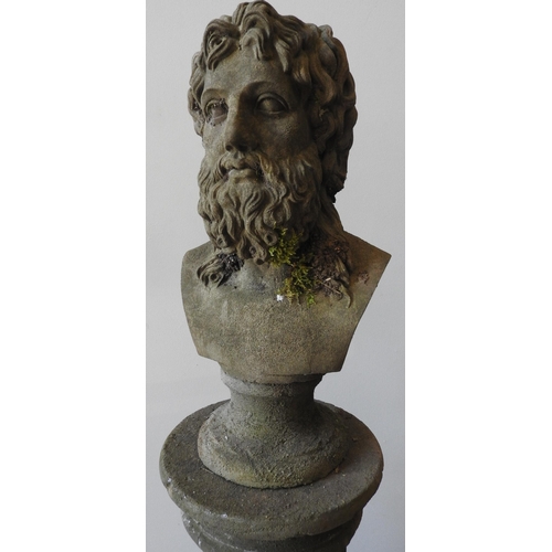 115 - A RECONSTITUTED STONE BUST OF ROMAN STYLE FIGURE ON PILLAR, weathered appearance, the roman style pi... 