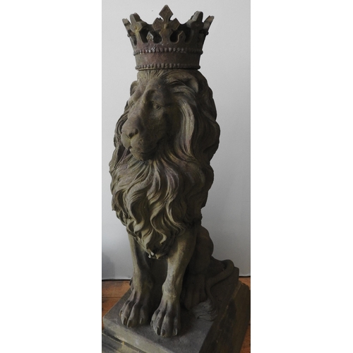 117 - A PAIR OF LARGE RECONSTITUTED STONE SEATED REGAL LION FIGURES, with removable crowns on plinths , we... 