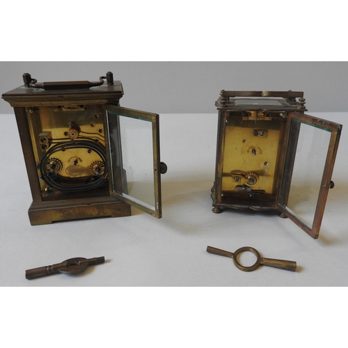 166 - TWO FRENCH VINTAGE BRASS CARRIAGE CLOCKS, one retailed by Harrods, the largest measuring 11.5 x 9.5 ... 