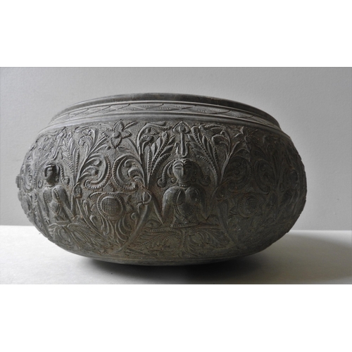 130 - AN INDIAN BRASS TIMURID-STYLE BOWL, with ornate floral and figure decorated engraving, 27 cm diamete... 