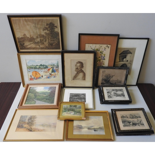 256 - A COLLECTION OF FRAMED RURAL WATER COLOURS, ETCHINGS AND LITHOGRAPHS