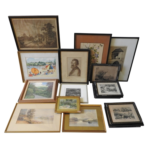 256 - A COLLECTION OF FRAMED RURAL WATER COLOURS, ETCHINGS AND LITHOGRAPHS