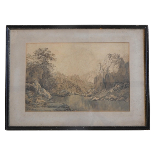 263 - JOHN GLOVER (1767-1849) WATERCOLOUR ON PAPER OF ROCKY RIVER SCENE , inscribed label on verso reads '... 