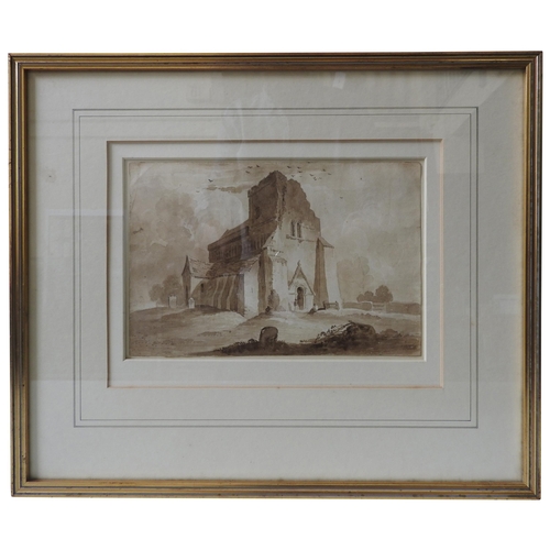 272 - THOMAS TUDOR (1785-1855) 'LANDSCAPE WITH RUINED CHURCH' WATERCOLOUR ON PAPER, framed, inscribed on v... 