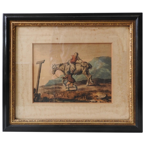 274 - A HUMOUROUS 18TH CENTURY WATER COLOUR OF TWO FIGURES AND A HORSE IN A MOORLAND SETTING, 17 x 23 cm