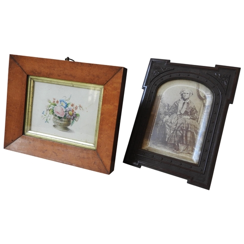 275 - A 19TH CENTURY STILL LIFE WATER COLOUR, in a maple frame and a Victorian portrait photograph