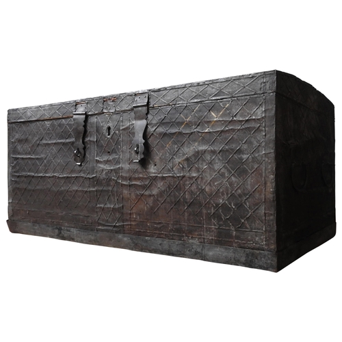 63 - A 19TH CENTURY CONTINENTAL METAL COVERED PINE STORAGE TRUNK, the metal covering with a lattice patte... 