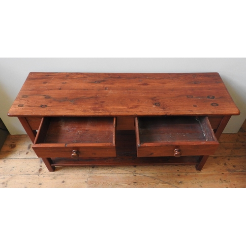 64 - A 20TH CENTURY INDONESIAN HARDWOOD HALL TABLE, of solid simplistic form, with two frieze drawers and... 