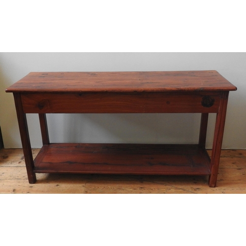 64 - A 20TH CENTURY INDONESIAN HARDWOOD HALL TABLE, of solid simplistic form, with two frieze drawers and... 