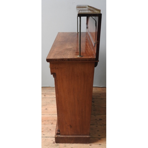 68 - AN EARLY 19TH CENTURY WALNUT CHIFFONIER, with a galleried shelf supported by brass rope twist pillar... 