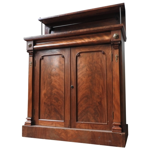 68 - AN EARLY 19TH CENTURY WALNUT CHIFFONIER, with a galleried shelf supported by brass rope twist pillar... 