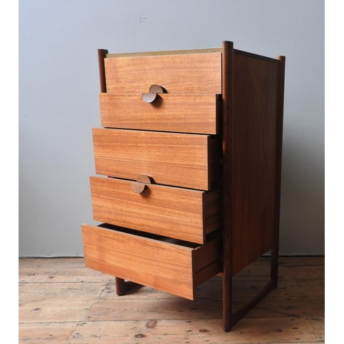 69 - A RETRO TEAK CHEST OF FIVE DRAWERS, circa 1970, with unusual circular split handles, supported on tw... 