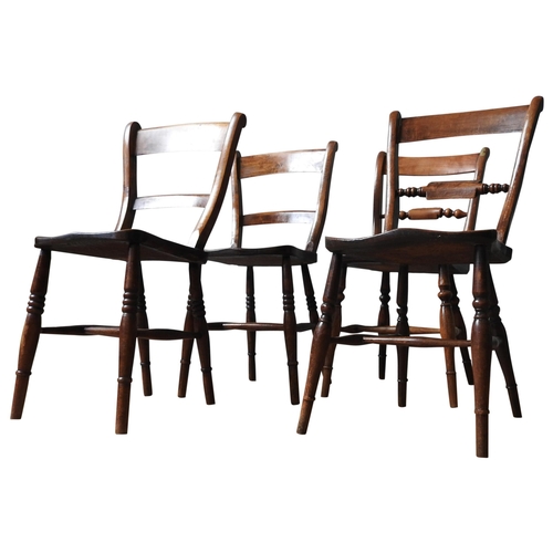 70 - FOUR VARIOUS 19TH CENTURY OXFORD BACK CHAIRS, each with elm saddle seats, turned legs and stretchers... 