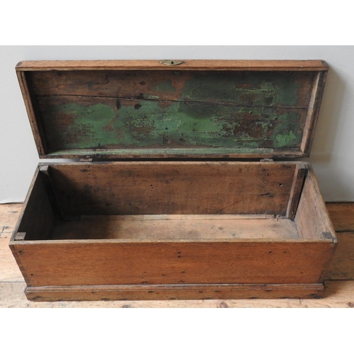 72 - A 19TH CENTURY OAK STORAGE BOX, of small proportions, with brass escutcheon, 29 x 79 x 29 cm