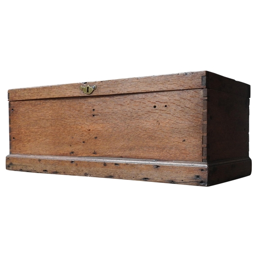 72 - A 19TH CENTURY OAK STORAGE BOX, of small proportions, with brass escutcheon, 29 x 79 x 29 cm