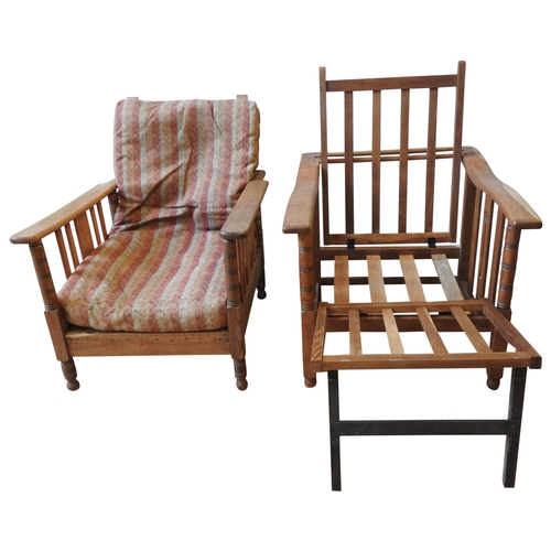 73 - TWO SHOOLBRED WOODEN ARTS & CRAFTS ARMCHAIRS, one with a horse hair filled cushion