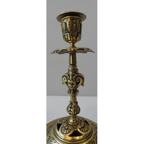 134 - A PAIR OF VICTORIAN LACQUERED BRASS CANDLESTICKS, in the Renaissance style, late 19th century, on ci... 