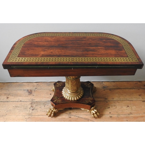 75 - A FINE ROSEWOOD AND BRASS INLAID GEORGE IV CARD TABLE, in the style of Le Gaigneur, the rpunded rect... 