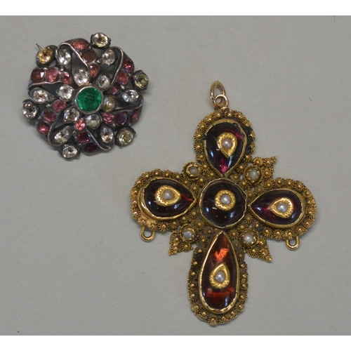 488 - A GEORGIAN PASTE BROOCH AND CANNETILLE PASTE CROSSThe brooch set with black dot white paste along wi... 