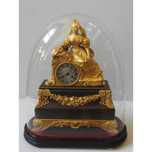 169 - A 19TH CENTURY GILT & PATINATED BRONZE MANTEL CLOCK, in the Directoire style, with an engine tur... 