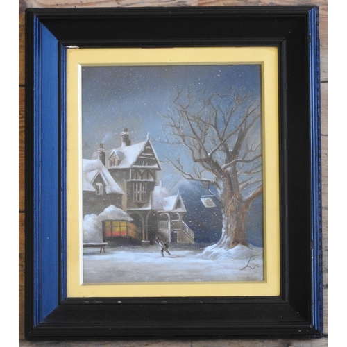 280 - A WINTER SCENE OIL PAINTING, depciting figure in blizzard outside 'The Punch Bowl' Inn, signed E.Dav... 