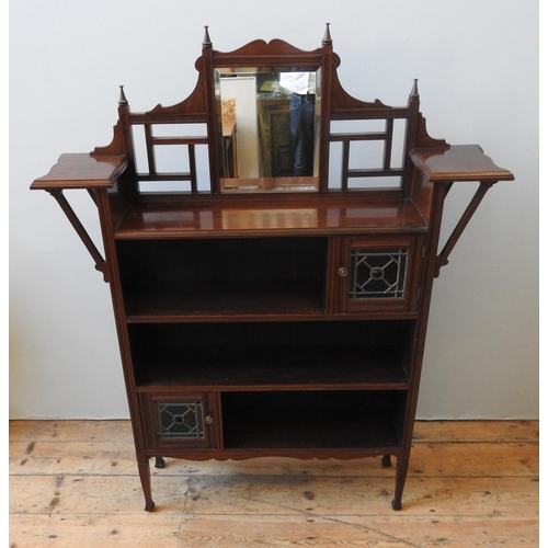 79 - A LATE 19TH CENTURY MAHOGANY FOUR TIER BOOKSHELF, in the Aesthetic style, with mirrored back top fla... 