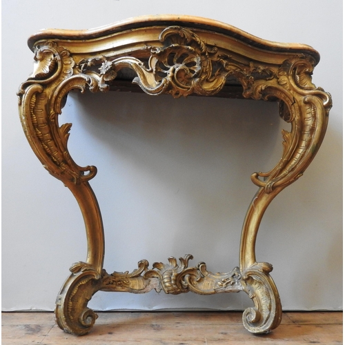 87 - A LATE 18TH / EARLY 19TH CENTURY GILT WOOD MARBLE TOP CONSOLE TABLE, comprising of a veriagated serp... 