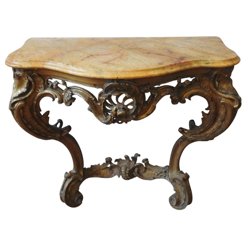 87 - A LATE 18TH / EARLY 19TH CENTURY GILT WOOD MARBLE TOP CONSOLE TABLE, comprising of a veriagated serp... 