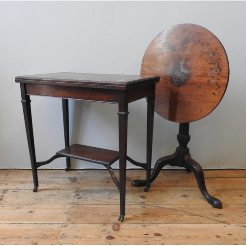 88 - A VICTORIAN MAHOGANY WINE TABLE AND CARD TABLE, the wine table with a tilting one piece top on a tur... 