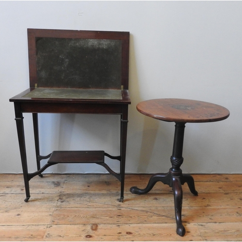 88 - A VICTORIAN MAHOGANY WINE TABLE AND CARD TABLE, the wine table with a tilting one piece top on a tur... 