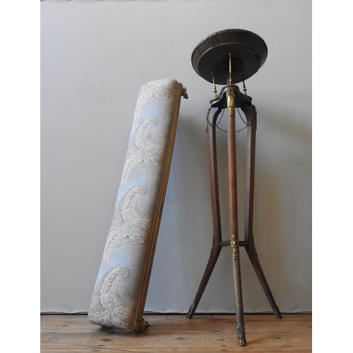 89 - A 19TH CENTURY GILT WOOD FOOTSTOOL AND A , the long foot stool upholstered with a blue / grey Acanth... 