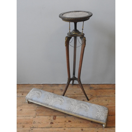 89 - A 19TH CENTURY GILT WOOD FOOTSTOOL AND A , the long foot stool upholstered with a blue / grey Acanth... 