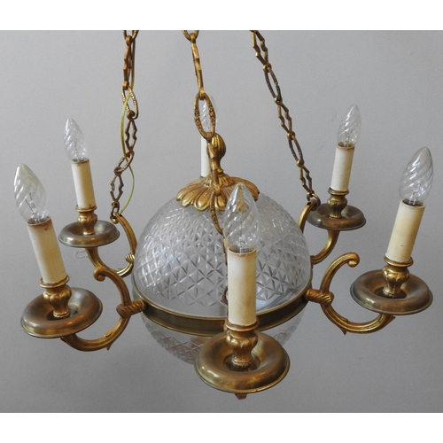 152 - A VINTAGE SPHERICAL CUT GLASS CENTRAL LIGHT, with six branches emanating from a central brass band, ... 