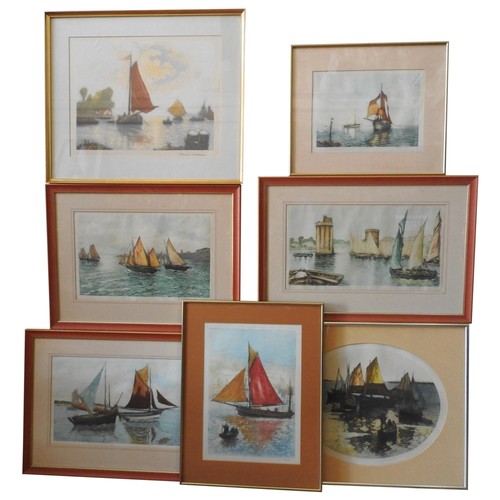 286 - TWO SAILING SCENE WATER COLOUR AND FIVE SIGNED SAILING SCENE LITHOGRAPHS, various artists, the large... 