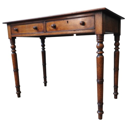 108 - A VICTORIAN MAHOGANY SIDE TABLE, with a moulded rectangular top and two frieze drawers, on four turn... 