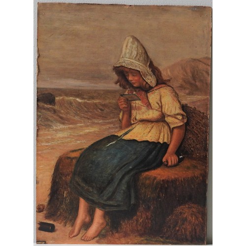 504 - UNTITLED OIL ON BOARD OF GIRL READING MESSAGE IN A BOTTLE, unsigned, 38 x 27 cm