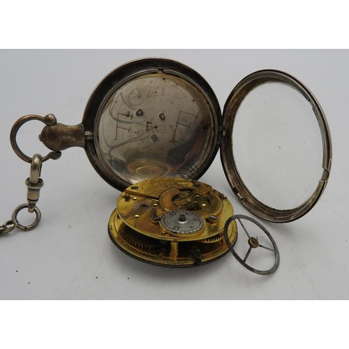 512 - A HALLMARK SILVER CASED POCKET WATCH AND CHAIN, London 1830, 6 cm diameter, along with another pocke... 