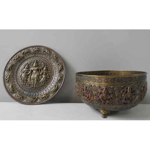 515 - INDIAN BRASS AND COPPER BOWL, decorated with a repeating frieze of deities including Ganesh, probabl... 