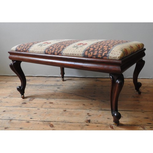 517 - A 19TH CENTURY MAHOGANY STOOL, with a contemporary covered seat panel sat inside a reinforced mahoga... 