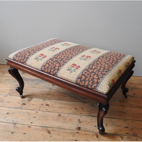 517 - A 19TH CENTURY MAHOGANY STOOL, with a contemporary covered seat panel sat inside a reinforced mahoga... 